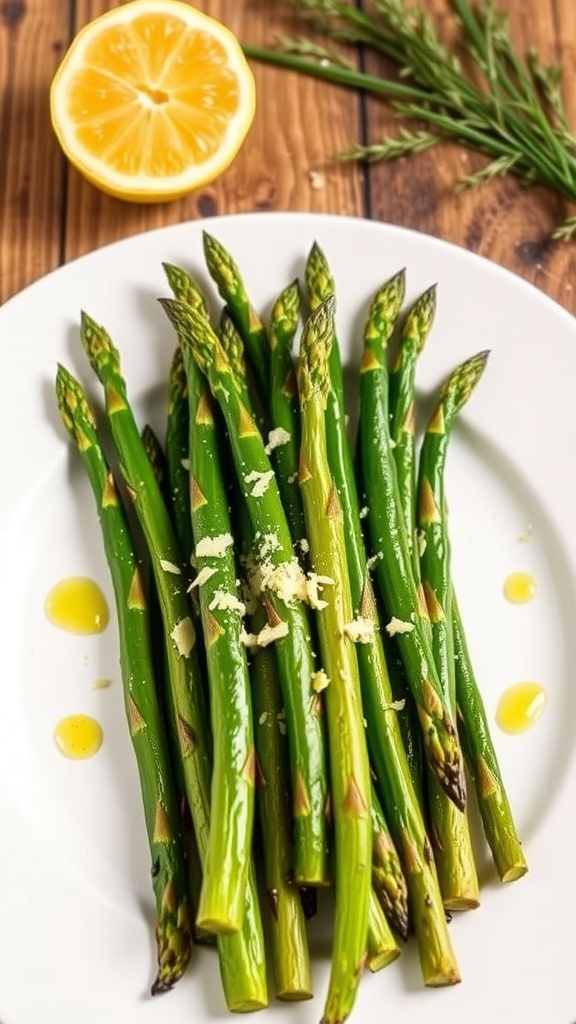 Roasted asparagus with garlic and lemon zest on a white plate, garnished with Parmesan cheese.